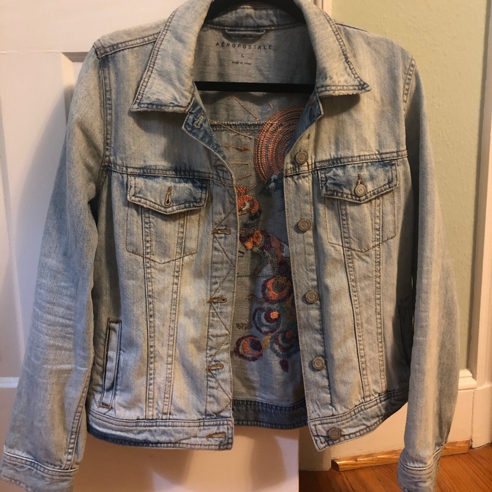Aero Light Wash Embroidered Peacock Denim Jacket